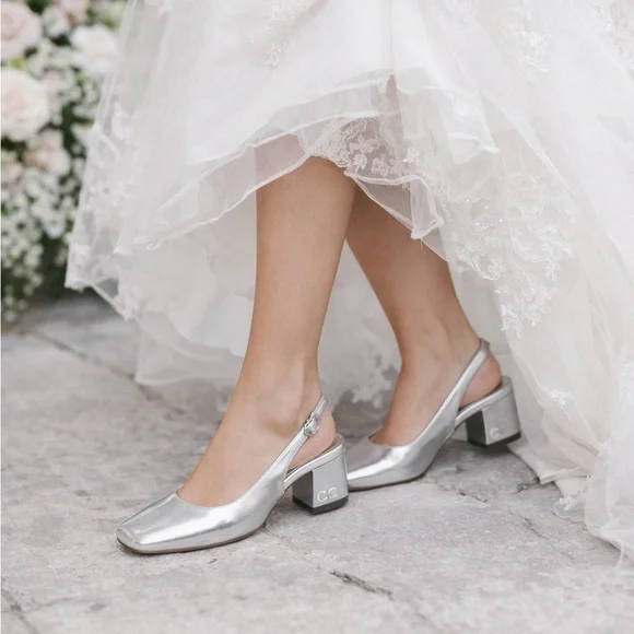 NEW Sam Edelman Terra Slingback Block Heel Soft Silver Leather Bridal Shoe 7.5 - Picture 8 of 9